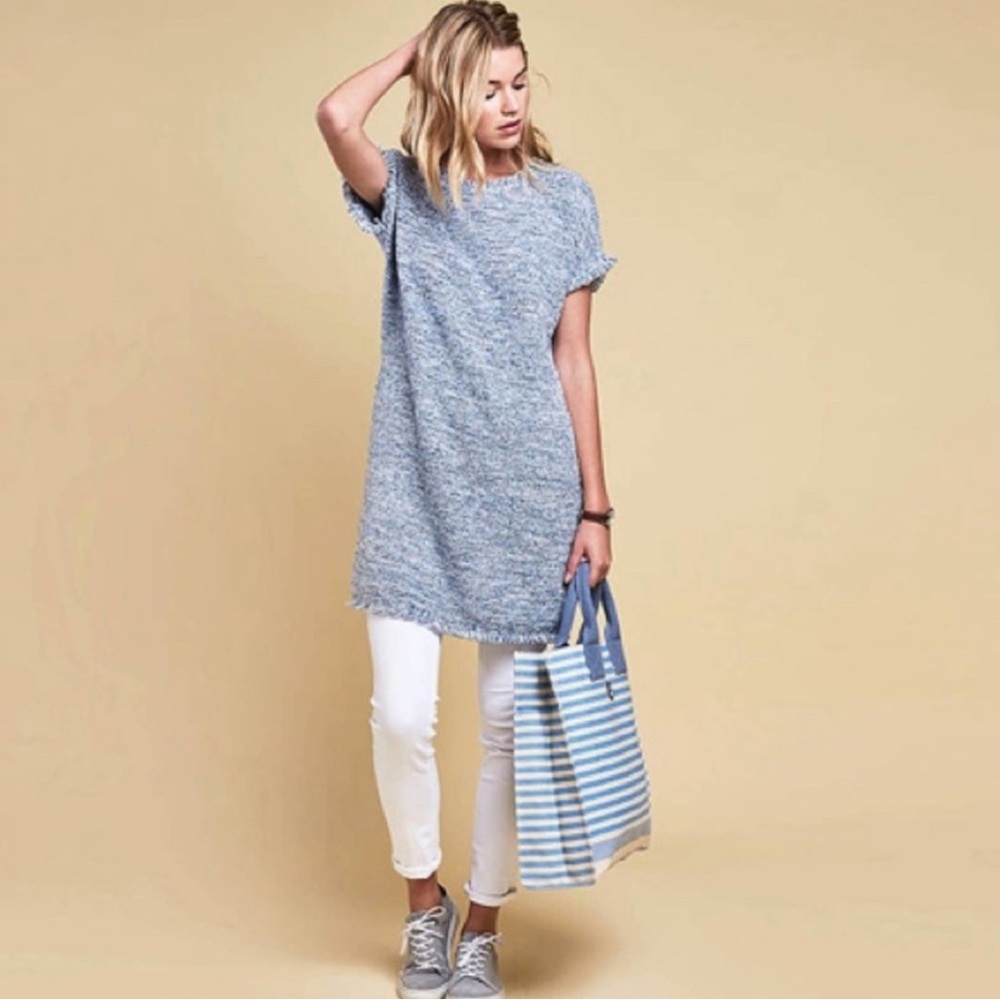 Barbour Undertow Basketweave Knitted Dress Blue White Short Sleeve Fringe Sz. 14